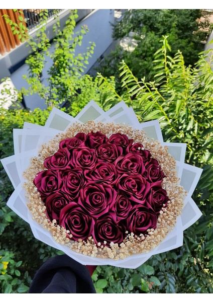 20 Li LED Işıklı Kenar Süslemeli Solmayan Gül Buketi Bordo Gül Dışı Beyaz