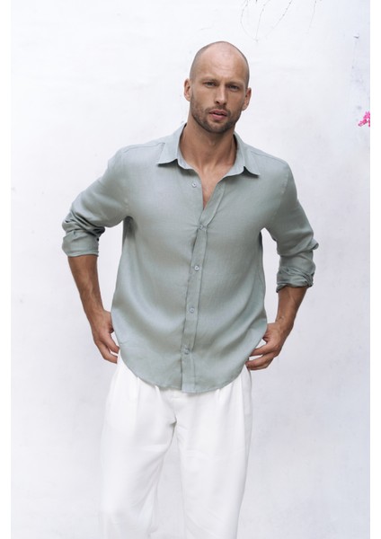Bice Mint Keten Oversize Erkek Gömlek modelleri