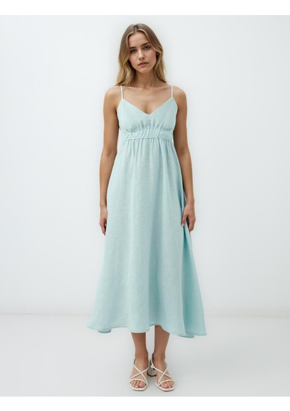 Turkuaz %100 Keten Askılı V Yaka Midi Elbise