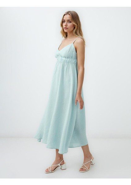 Turkuaz %100 Keten Askılı V Yaka Midi Elbise fiyatları