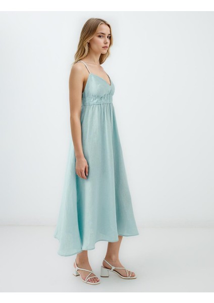 Turkuaz %100 Keten Askılı V Yaka Midi Elbise modelleri