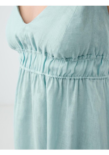 Turkuaz %100 Keten Askılı V Yaka Midi Elbise fırsatları