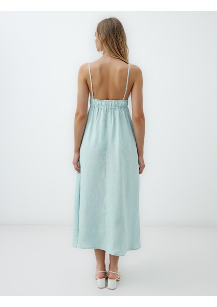 Turkuaz %100 Keten Askılı V Yaka Midi Elbise indirimleri