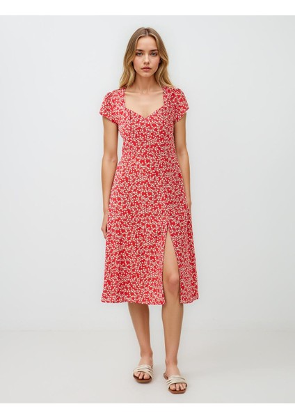Kırmızı Boyundan Bağlı Kısa Kollu Desenli Midi Elbise