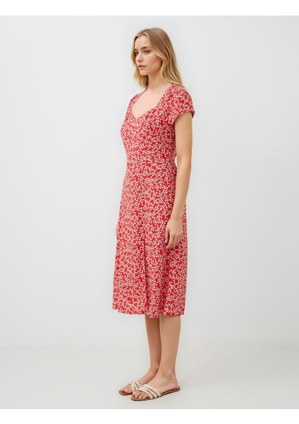 Kırmızı Boyundan Bağlı Kısa Kollu Desenli Midi Elbise modelleri