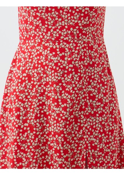 Kırmızı Boyundan Bağlı Kısa Kollu Desenli Midi Elbise fırsatları