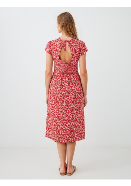 Kırmızı Boyundan Bağlı Kısa Kollu Desenli Midi Elbise indirimleri