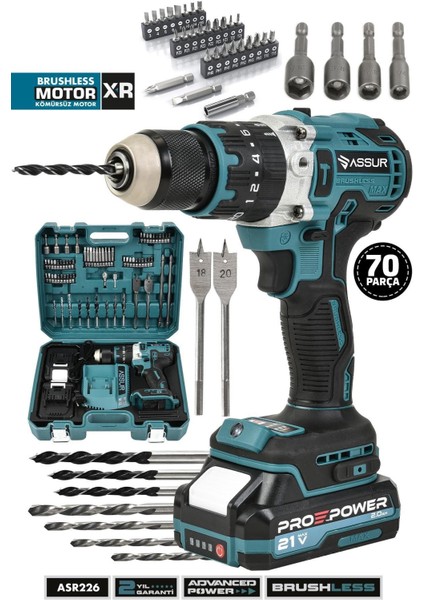 21V Çift Akülü Darbeli Matkap, Çelik Mandren, Kömürsüz Motor, Şarjlı ve Hafif