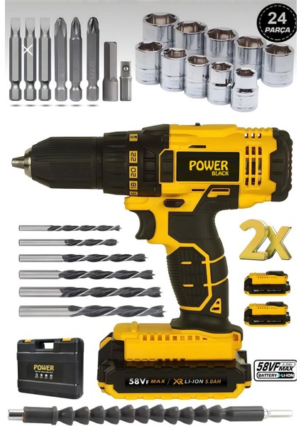 Çift Akülü Metal Şanzımanlı Matkap ve Vidalama Seti, 24 Parça, 5 Ah, Güçlü ve Dayanıklı