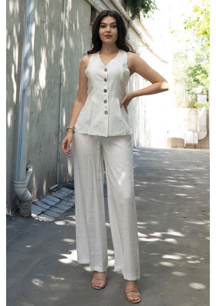 Balık Sırtı Yelek ve Beli Arkadan Lastikli Pensli Bol Paça Pantolon 1246