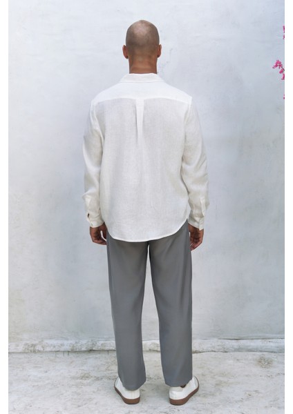 Bice Ekru Keten Oversize Erkek Gömlek