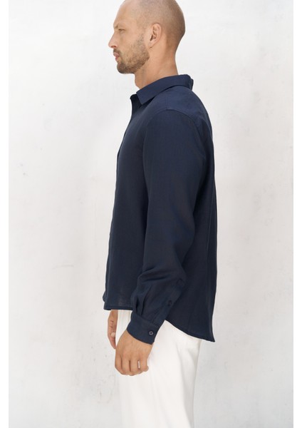 Bice Lacivert Keten Oversize Erkek Gömlek fırsatları