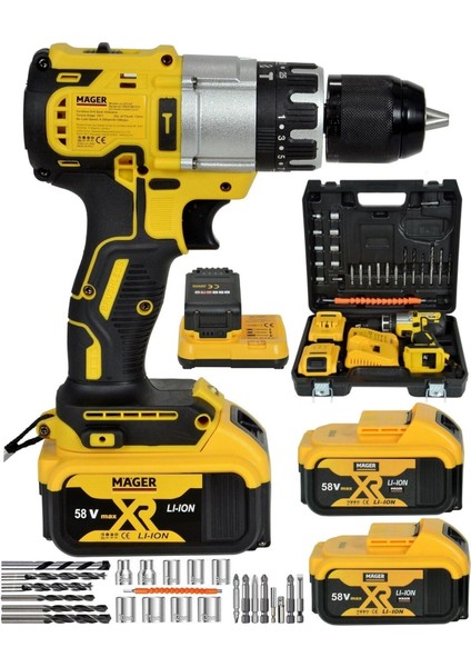 58W 13MM Çelik Madren Akülü Vidalama Matkap, Hızlı Şarj ve LED Göstergeli