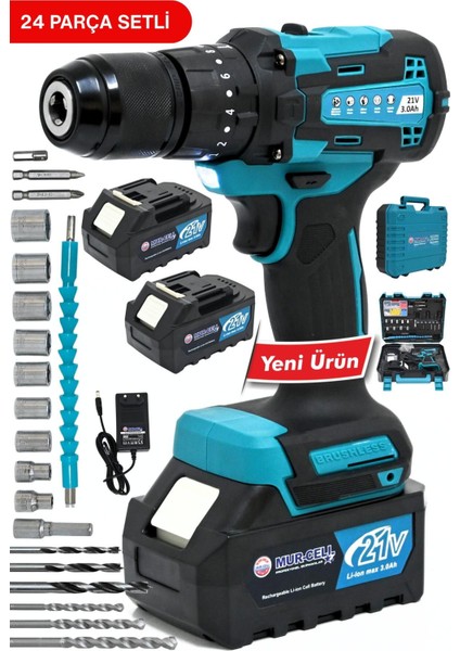 Çift Batarya ile Güçlü Akülü Vidalama ve Matkap Seti, 24 Parça
