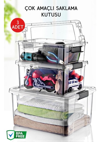 3'lü Set Kilit Kapaklı Çok Amaçlı Şeffaf Saklama Kutusu