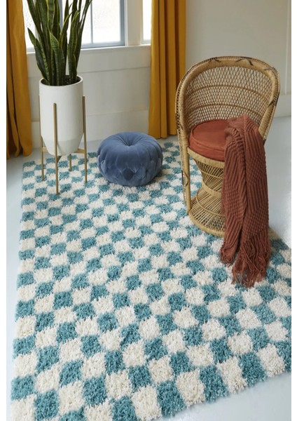 Chess Kareli Kemik-Turkuaz Salon Oturma Odası Yatak Odası Koridor Makine Halısı Yolluk Shaggy