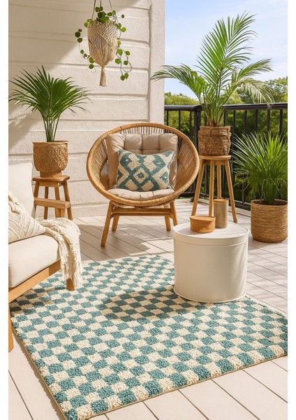 Chess Kareli Kemik-Turkuaz Salon Oturma Odası Yatak Odası Koridor Makine Halısı Yolluk Shaggy indirimleri