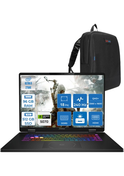 Msı Crosshaır 18 Hx Aı A2XWGKG-032XTR Intel Core Ultra 9-275HX Aı 96GB 512GB SSD 8GB/RTX5070 Gddr7 115W 18"2.5k (2560 x 1600, Wqxga) 240Hz Freedos Taşınabilir Bilgisayar W032XTRF41+ZETTAÇANTA