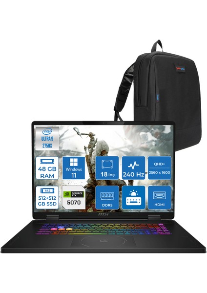 Msı Crosshaır 18 Hx Aı A2XWGKG-032XTR Intel Core Ultra 9-275HX Aı 48GB 512GB SSD+512GB SSD 8GB/RTX5070 Gddr7 115W 18"2.5k (2560 x 1600, Wqxga) 240Hz WINDOWS11HOME Gaming Laptop W032XTRH18+ZETTAÇANTA