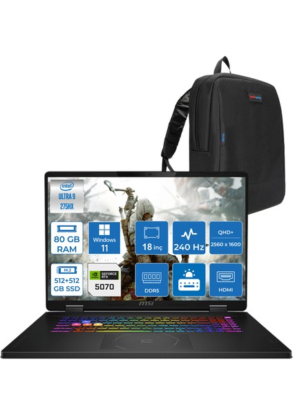 Msı Crosshaır 18 Hx Aı A2XWGKG-032XTR Intel Core Ultra 9-275HX Aı 80GB 512GB+512GB SSD 8GB/RTX5070 Gddr7 115W 18"2.5k (2560 x 1600, Wqxga) 240Hz WINDOWS11PRO Gaming Laptop W032XTRP34+ZETTAÇANTA
