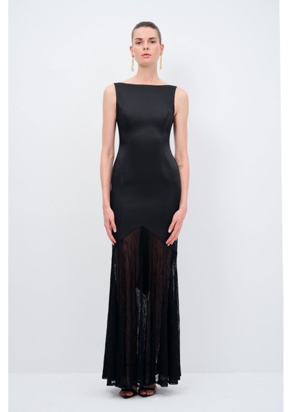 Dantel Detaylı Uzun Elbise Siyah 12445476000