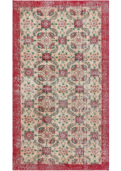 Geneleksel El Dokuma Naturel Rengi Çiçekli Desen Eskitme Vintage Halısı