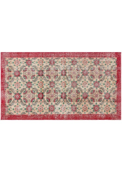 Geneleksel El Dokuma Naturel Rengi Çiçekli Desen Eskitme Vintage Halısı