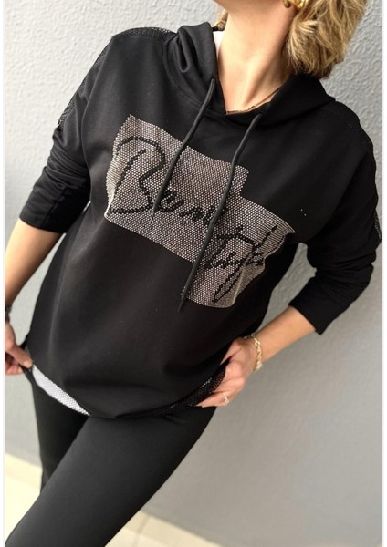 Kadın File Detaylı Taş Baskılı Kapüşonlu Siyah Sweatshirt fırsatları
