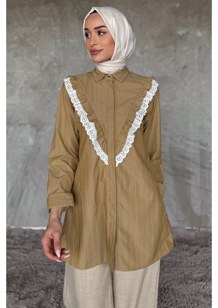 Dantel Büzgülü Çizgili Tesettür Tunik P-00017612