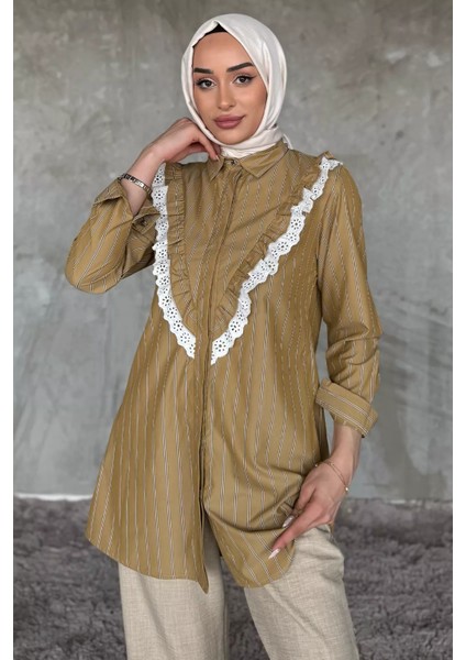 Dantel Büzgülü Çizgili Tesettür Tunik P-00017612