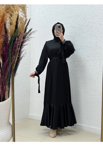 Orelera Kolları Incili Bağlamalı Zara Saten ELBISE-EK26 Siyah
