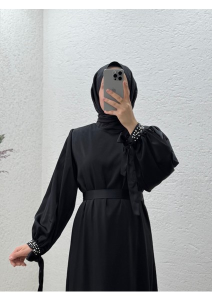 Orelera Kolları Incili Bağlamalı Zara Saten ELBISE-EK26 Siyah