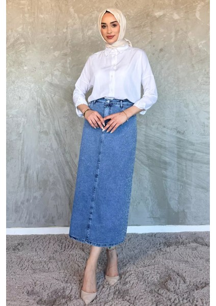 Kadın Taş Işlemeli Tesettür Jean Kot Etek P-00017324