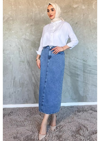 Kadın Taş Işlemeli Tesettür Jean Kot Etek P-00017324