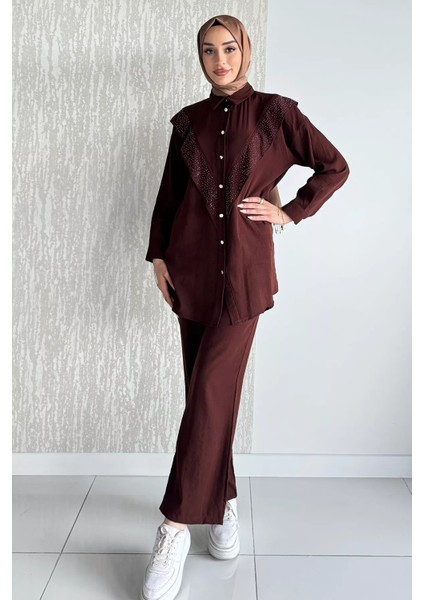 Önü Katlamalı Taşlı Tesettür Tunik Pantolon Ikili Takım P-00017624