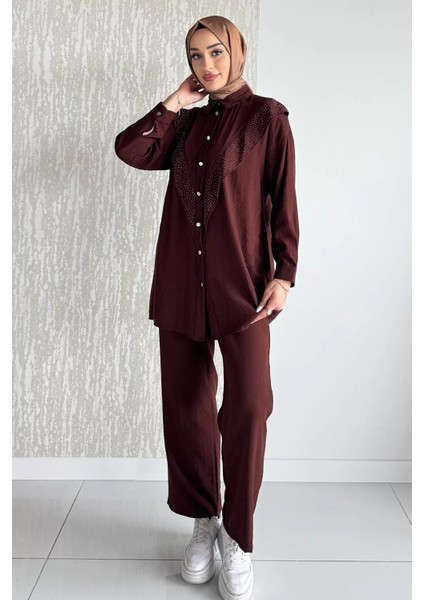 Önü Katlamalı Taşlı Tesettür Tunik Pantolon Ikili Takım P-00017624