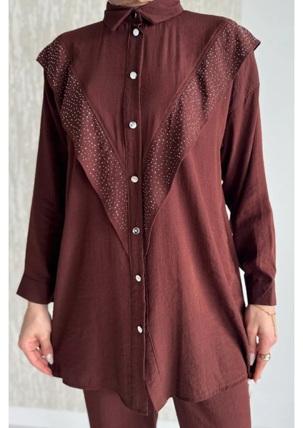 Önü Katlamalı Taşlı Tesettür Tunik Pantolon Ikili Takım P-00017624