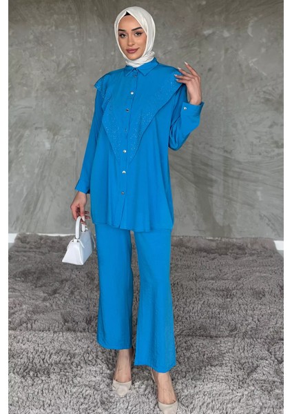 Önü Katlamalı Taşlı Tesettür Tunik Pantolon Ikili Takım P-00017624