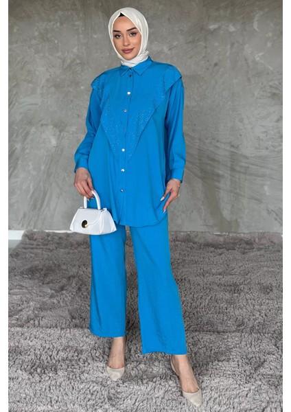 Önü Katlamalı Taşlı Tesettür Tunik Pantolon Ikili Takım P-00017624