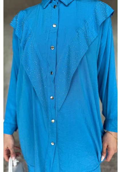 Önü Katlamalı Taşlı Tesettür Tunik Pantolon Ikili Takım P-00017624