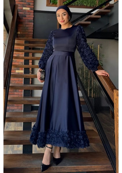 Eteği ve Kolları Gül Detaylı Tesettür Saten Abiye Elbise P-00017196