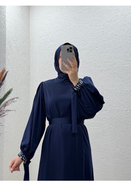 Orelera Kolları Incili Bağlamalı Zara Saten ELBISE-EK26 Lacivert fiyatları