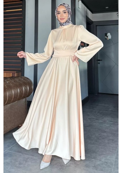 Çapraz Bağlamalı Tesettür Saten Abiye Elbise P-00017440