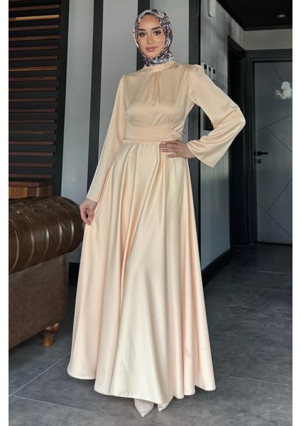 Çapraz Bağlamalı Tesettür Saten Abiye Elbise P-00017440