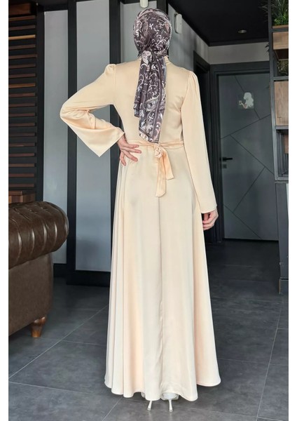 Çapraz Bağlamalı Tesettür Saten Abiye Elbise P-00017440