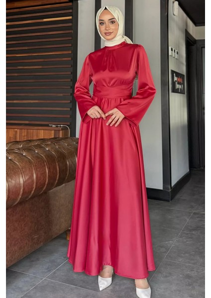 Çapraz Bağlamalı Tesettür Saten Abiye Elbise P-00017440