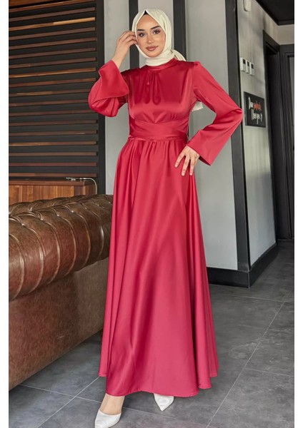 Çapraz Bağlamalı Tesettür Saten Abiye Elbise P-00017440
