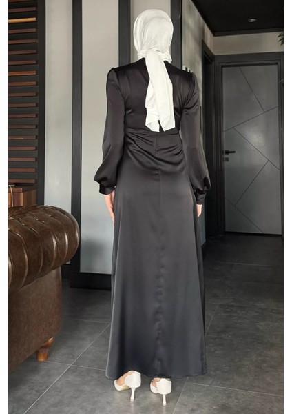 Yan Bağlama Detaylı Drapeli Tesettür Saten Abiye Elbise P-00017443