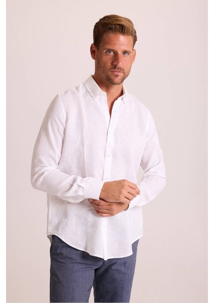 Erkek Beyaz Düz Regular Fit Keten Gömlek modelleri
