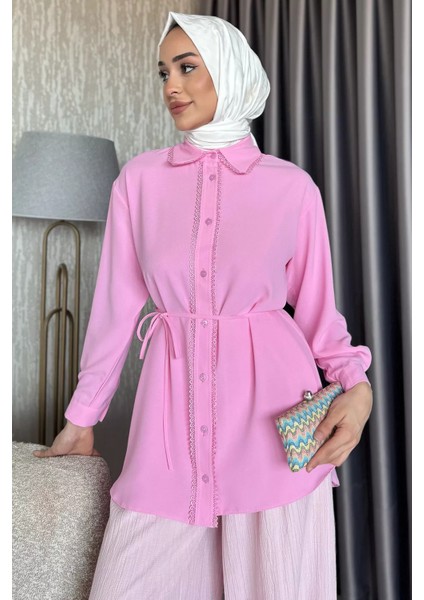 Fistolu Bel Bağlama Detaylı Tesettür Gömlek P-00017555